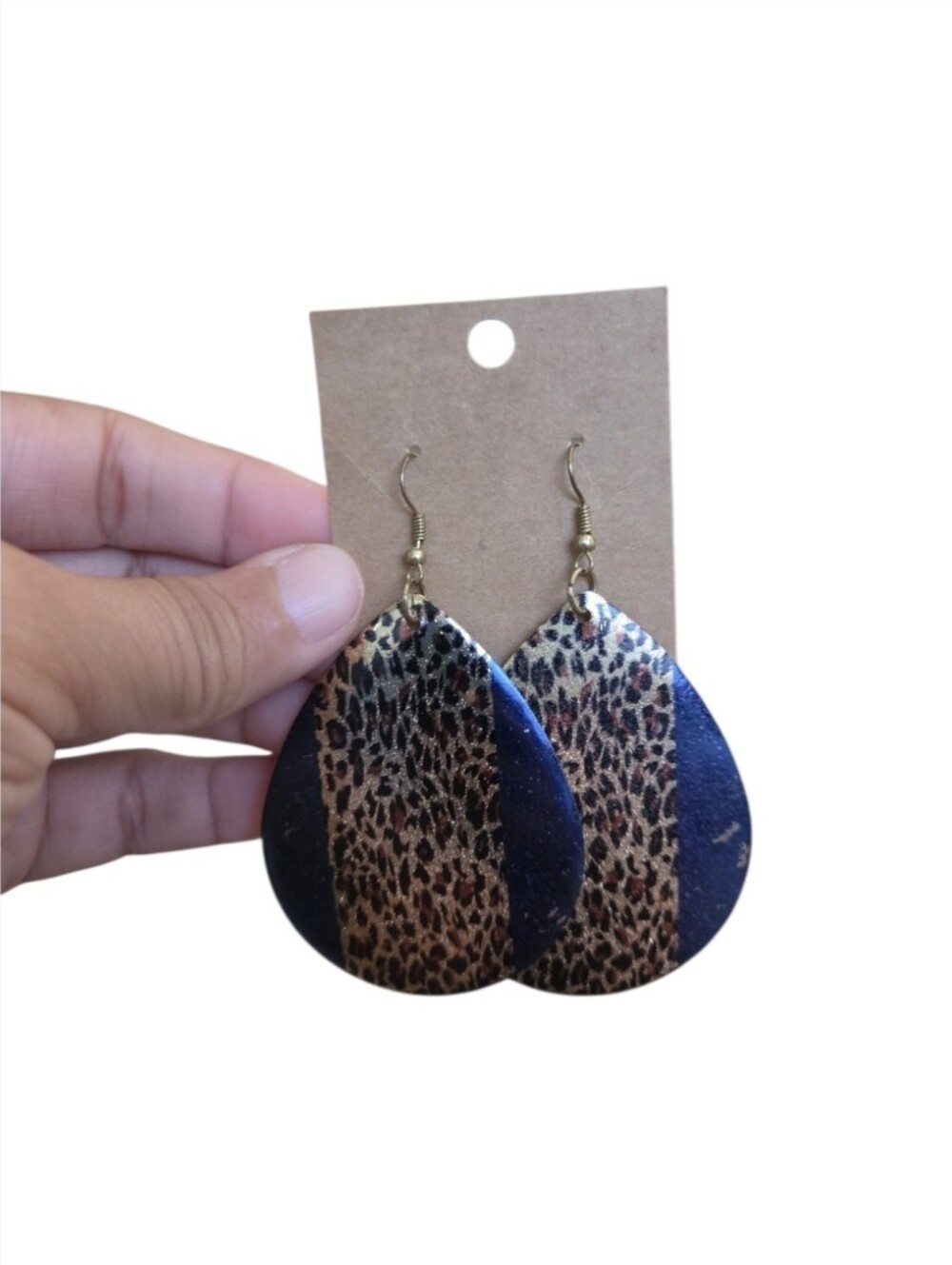 Vintage Gold Toned Leopard Print Teardrop Earrings Blue Brown Black